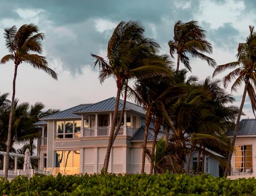 Palm trees blowing in front of waterfront home.